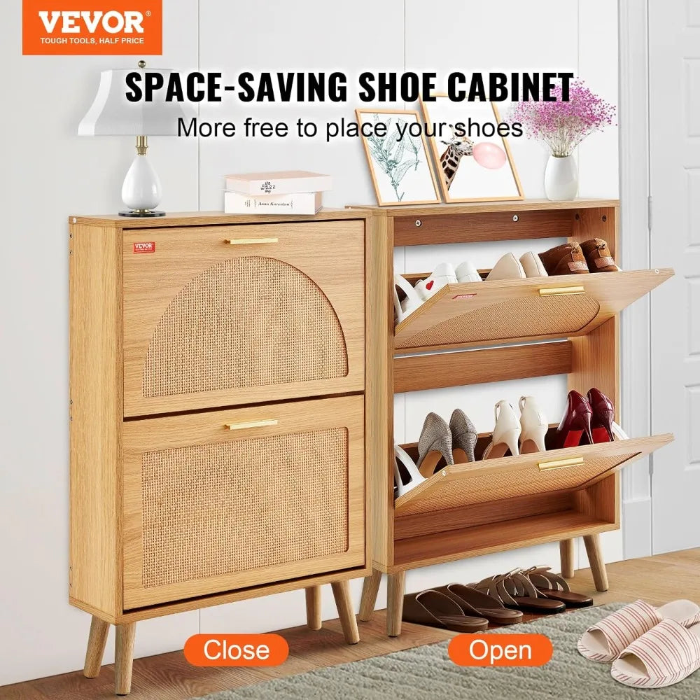 Shoe Storage Cabinet for Entryway, 23.6" D x 6.6" W x 34.5" H, Wood Color