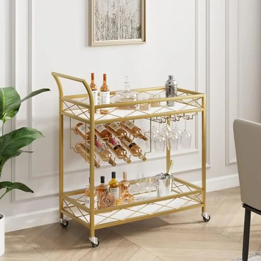 Gold 2 Tier Bar Cart with Wheels