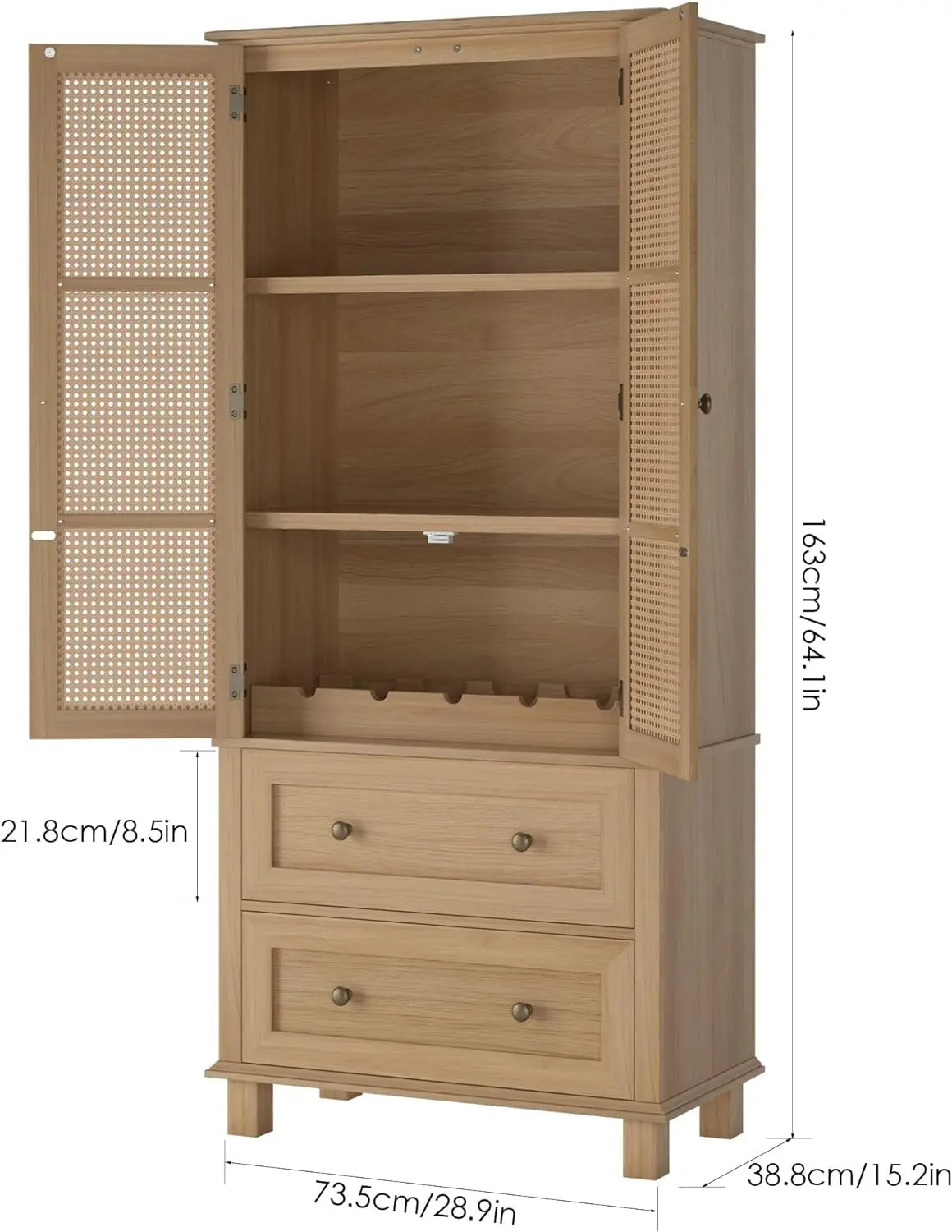 Kitchen Storage Cabinet with Rattan Doors and 2 Drawers, Cupboard w/ Adjustable Shelves, Utility Pantry for Kitchen, Dining Room