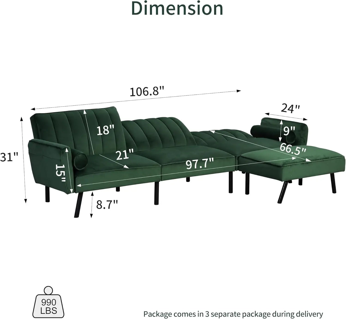 Duraspace Velvet Sectional Convertible Sofa With Chaise, 106.5"" L Shape Sectional Sofa Couch With Usb, Split Back Folding