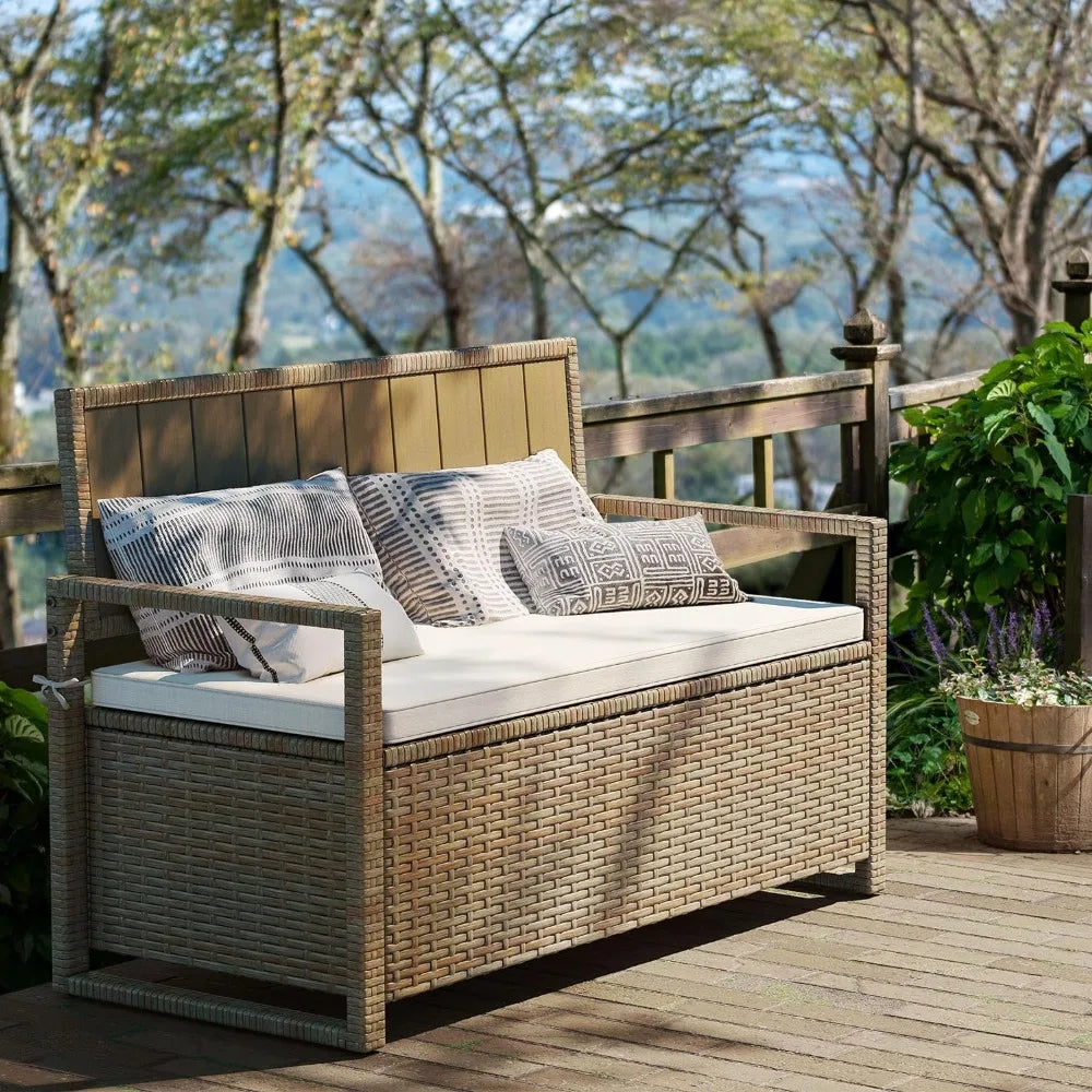 70 Gallon Outdoor Storage Bench, All-Weather PE Rattan Deck Box, Wicker Storage Seat Box for Patio Furniture