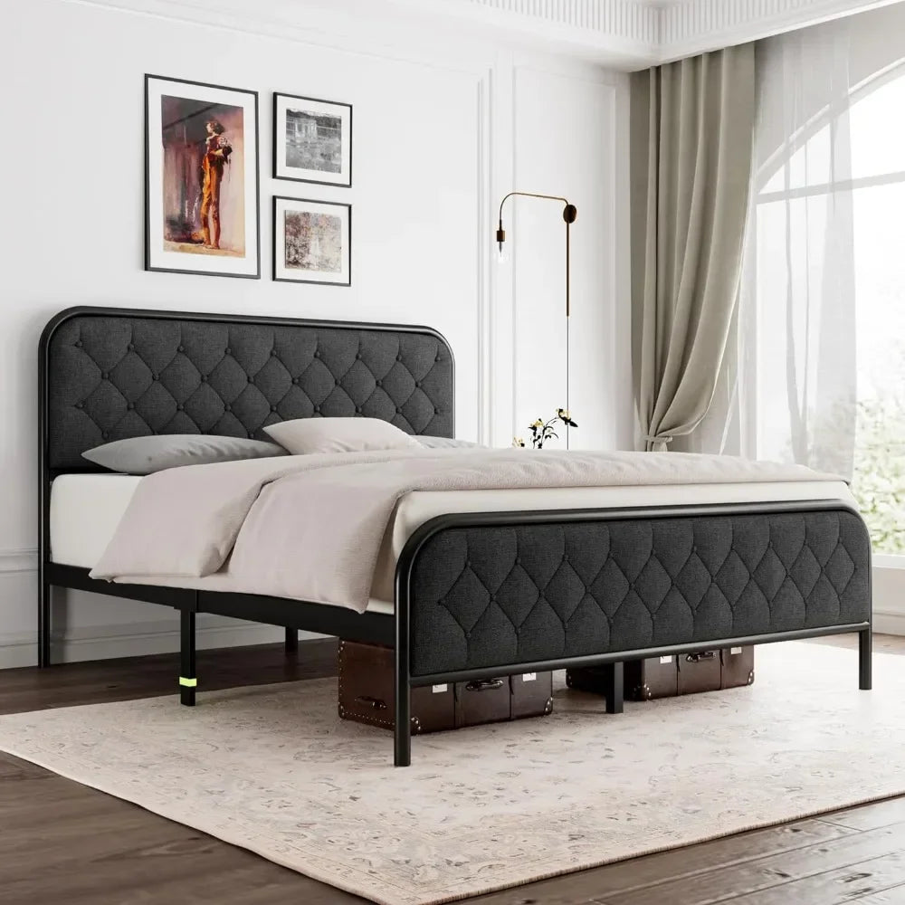 Queen Size Bed Frame with Linen Upholstered Headboard,