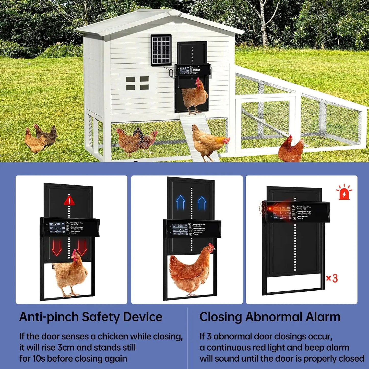 Solar Chicken Coop Door, Automatic Chicken Door Solar Powered & USB Charging, Auto Chicken Door 4 Modes with Timer & Light Senso