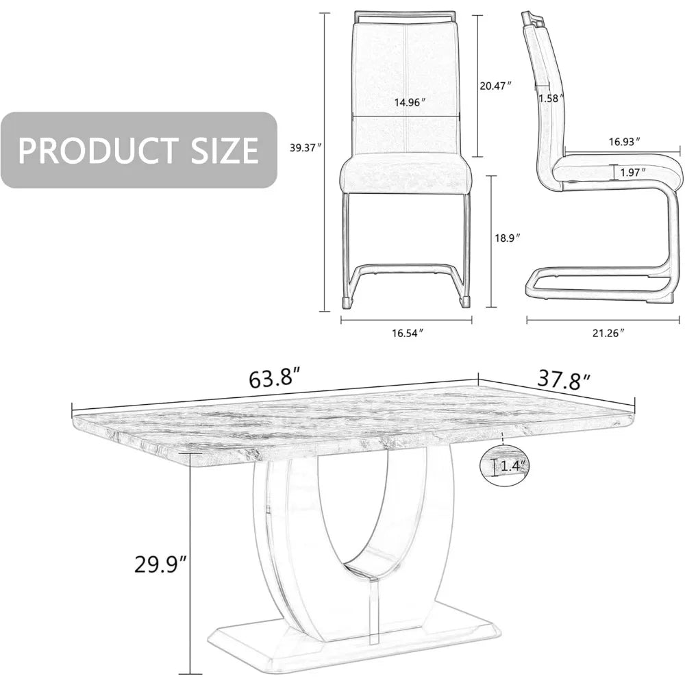 63" Morden Faux Marble Dining Room Table Set,Big Kitchen Dining Table for 6-8 with MDF Base,7 Piece Rectangle Dining Table Set