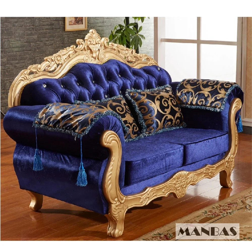 MINGDIBAO European Fabric Sofa With Gold Carving Solid Wood Frame, Luxurious Large Unit Living Room Cloth Couch Villa Furniture