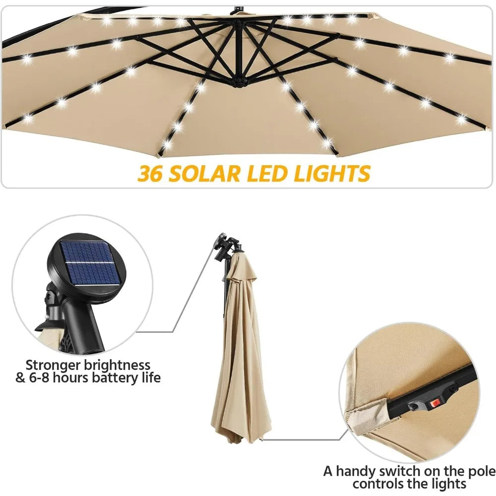 Solar Offset Umbrella with 10FT 32 LED Lights