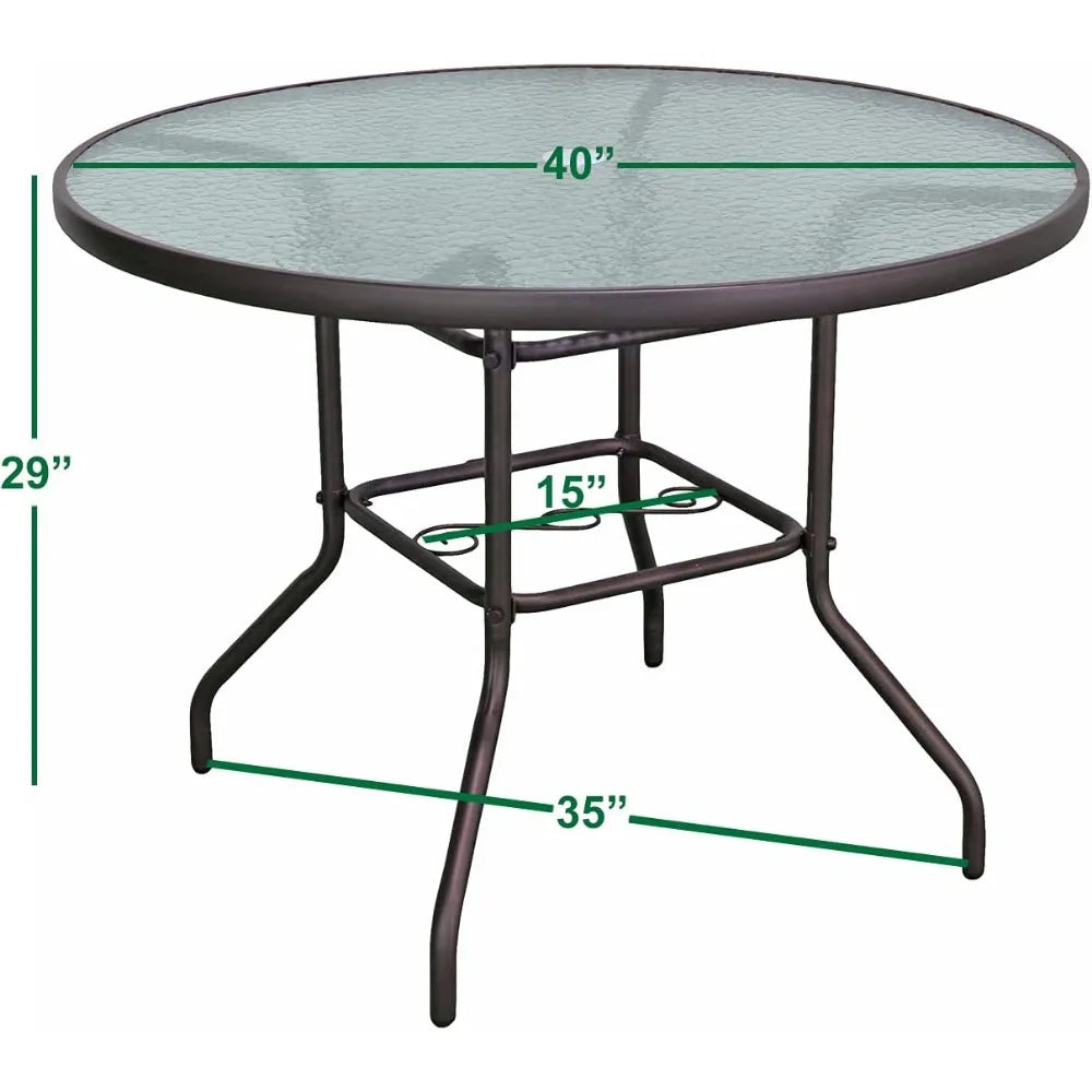 Metal Round Patio Glass Top Table, 40" Garden table,Home(Brown)