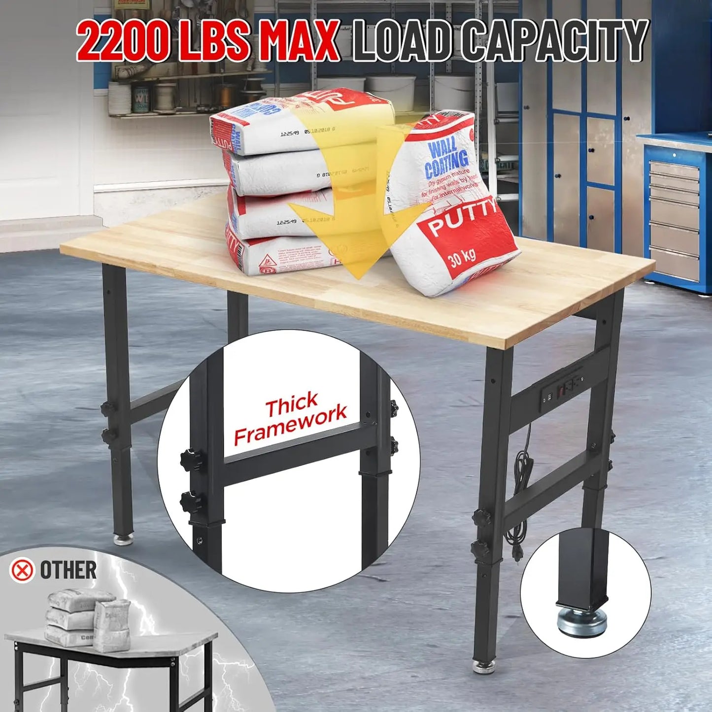 Work Bench Garage Workbench with Power Outlets, 2200 Lbs Capacity Hardwood Top Work Bench Table Heavy-Duty Workbench for Garage,