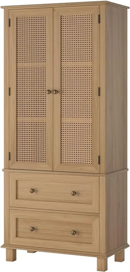 Kitchen Storage Cabinet with Rattan Doors and 2 Drawers, Cupboard w/ Adjustable Shelves, Utility Pantry for Kitchen, Dining Room