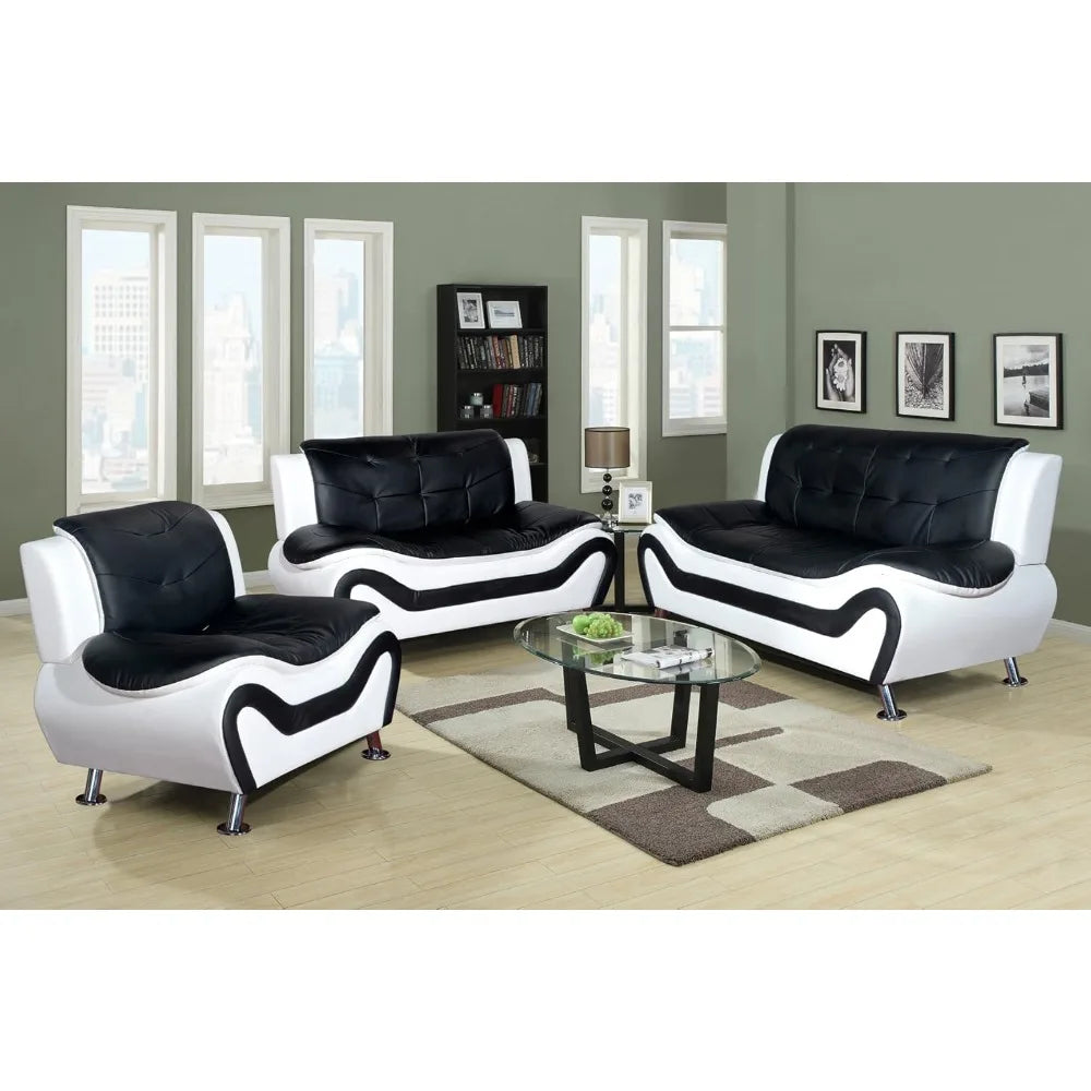 3 Piece Aldo Modern Sofa Set, Black/White