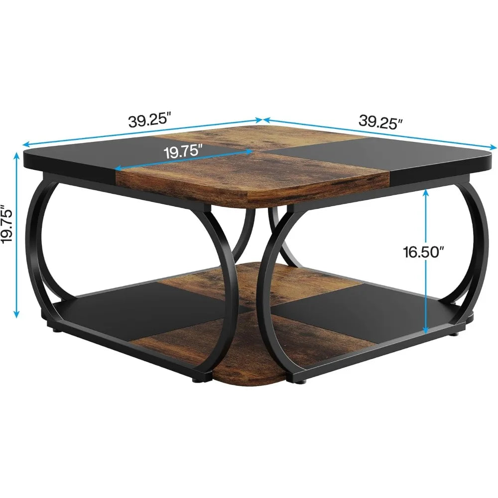 Square Coffee Table with 2 Tiers, 40 inches Low Farmhouse Coffee Table with Wood Storage Shelf Heavy Duty Metal Curved Frame