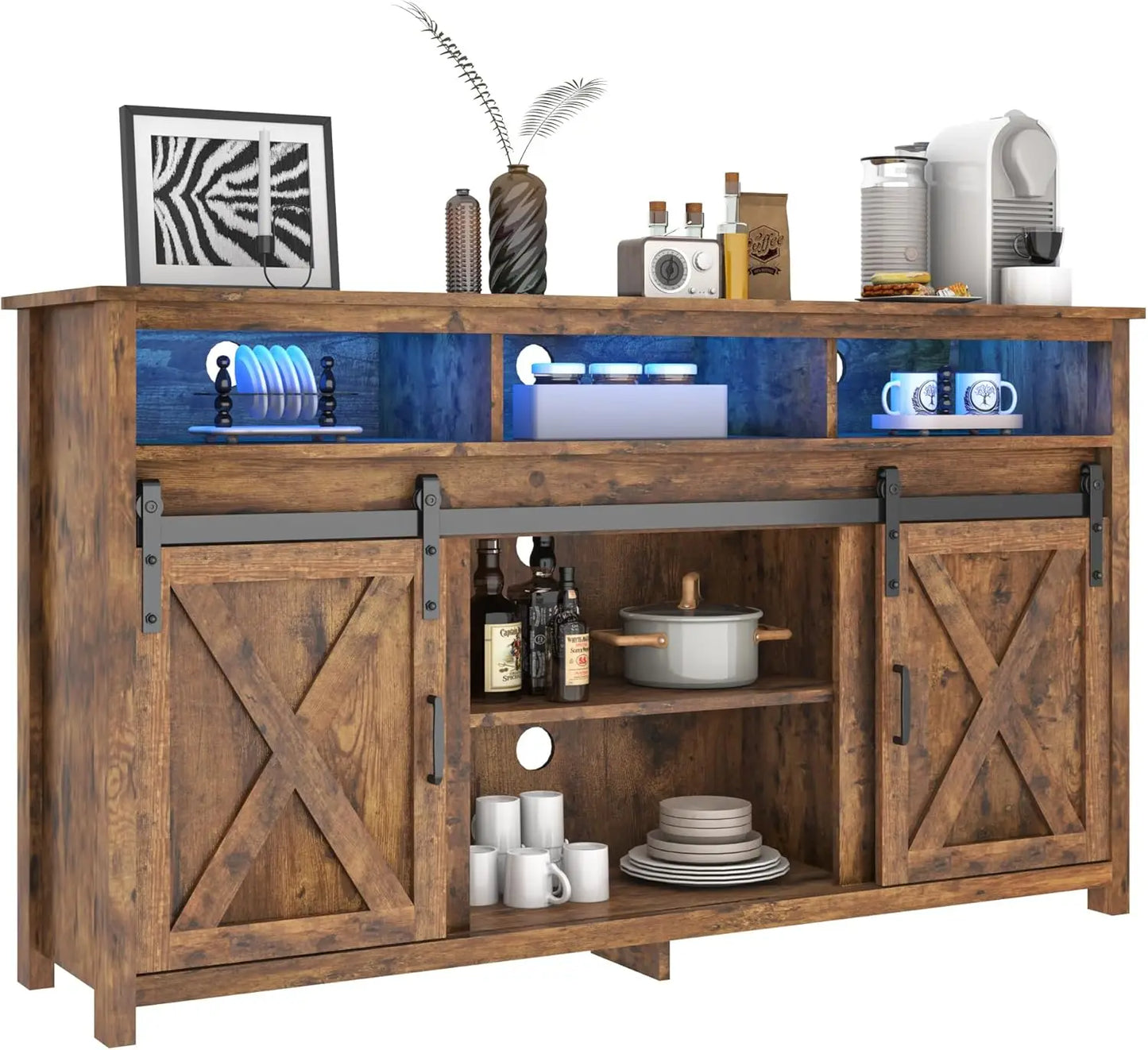 Farmhouse Coffee Bar Cabinet with Power Outlet, Rustic Sideboard Buffet Storage Cabinet with Storage