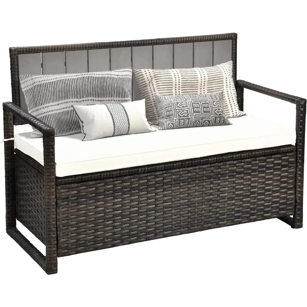 70 Gallon Outdoor Storage Bench, All-Weather PE Rattan Deck Box, Wicker Storage Seat Box for Patio Furniture