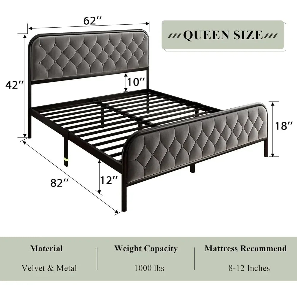 Queen Size Bed Frame with Linen Upholstered Headboard,