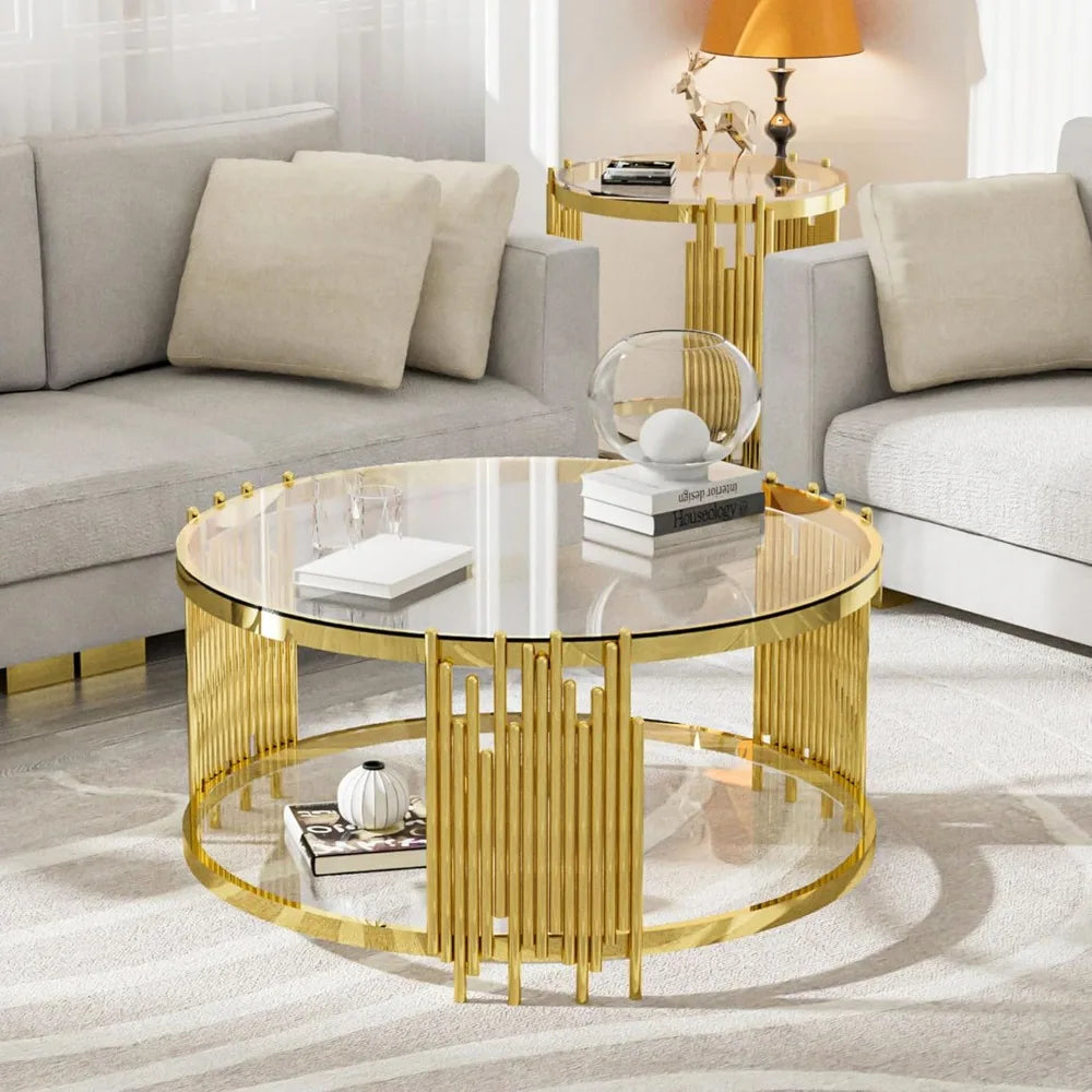 Coffee Table Round  Modern , Gold Stainless Steel Metal Leg Clear Tempered Glass,