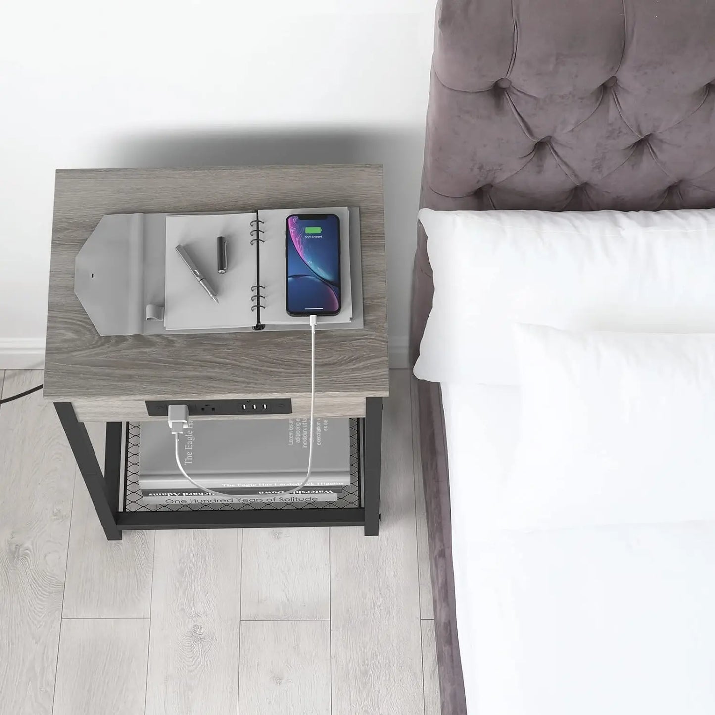 Set of 2 Gray Bedroom Nightstand w/Charging Station