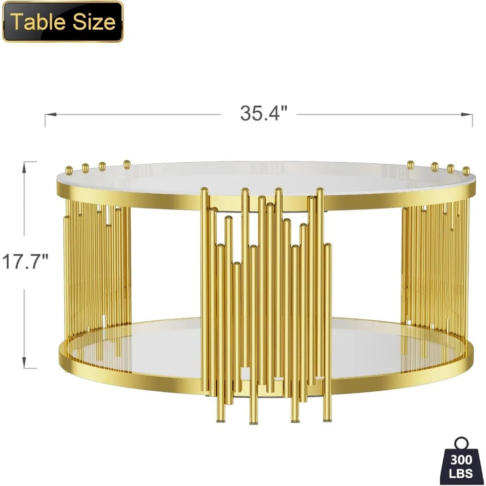 Coffee Table Round  Modern , Gold Stainless Steel Metal Leg Clear Tempered Glass,