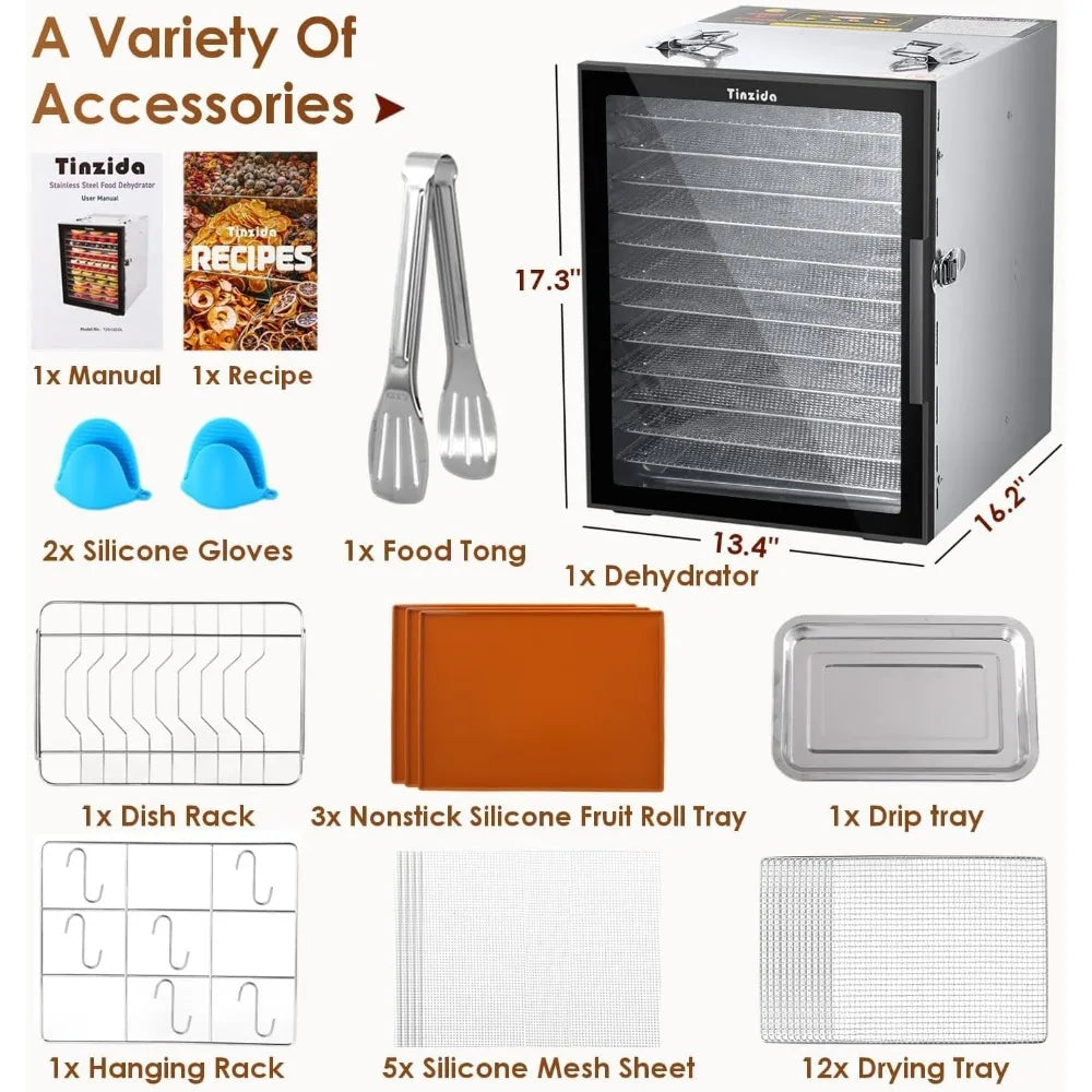 Food Dehydrator Machine, 12 Stainless Steel Trays, Dehydrators For Jerky, Meat, Fruit, Pet Treats, Vegetables, Herb,