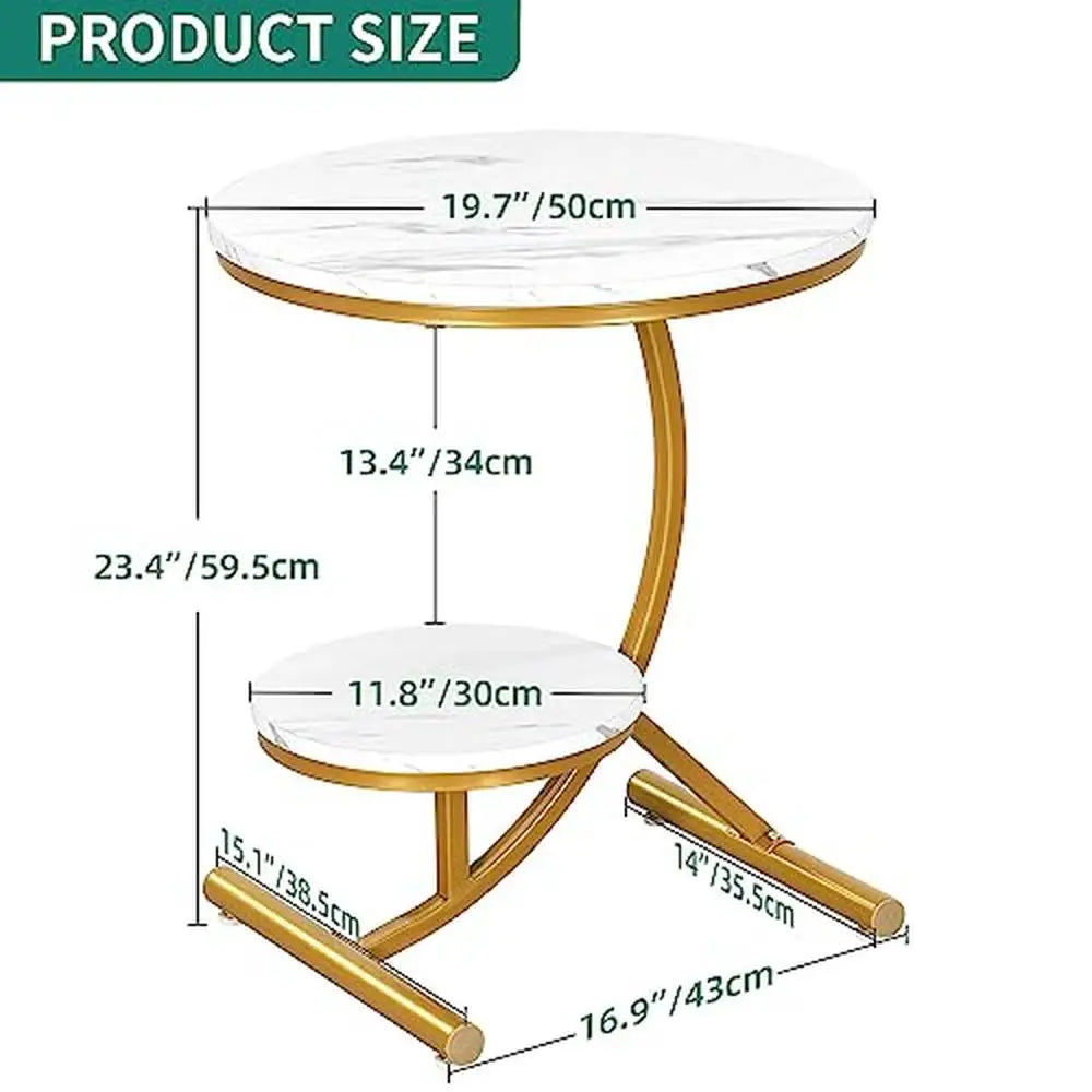 Modern 2-Tier Round End Table with Storage Shelf Faux Marble Top Gold C-Shaped Legs Sofa Side Table