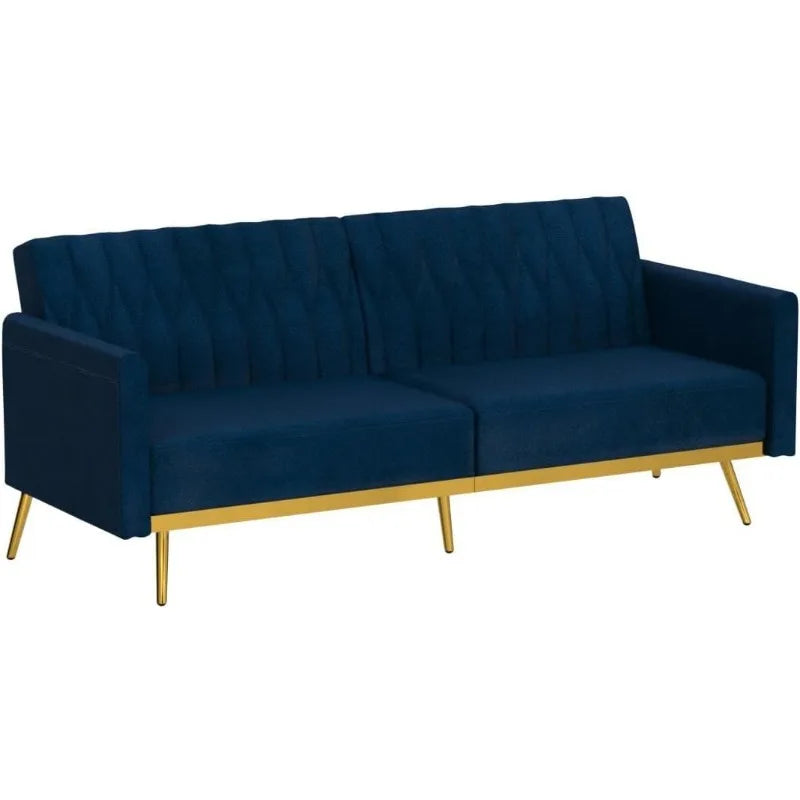 Velvet Convertible Futon Sofa Bed with Golden Metal Legs, 70" Tufted Loveseat Couch Sleeper Futon Sofa with Adjustable Armrests