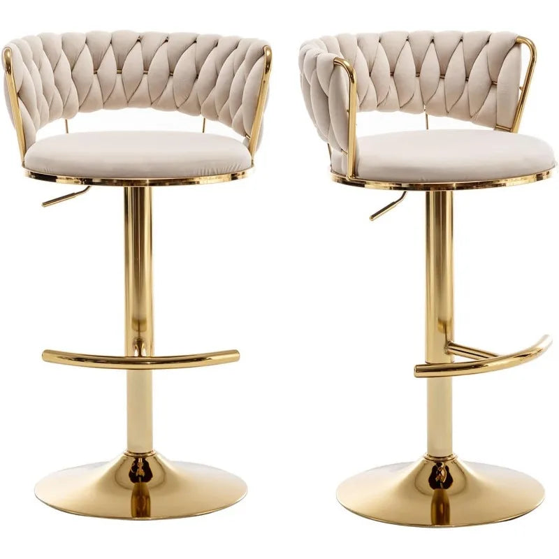 Velvet Bar Stools Set of 2, Counter Height Bar Chairs with Low Back, Gold Swivel Bar Stool for Kitchen Island