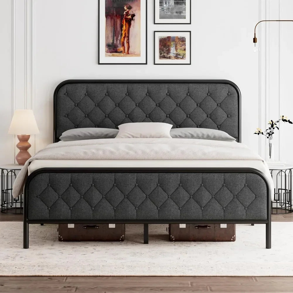 Queen Size Bed Frame with Linen Upholstered Headboard,