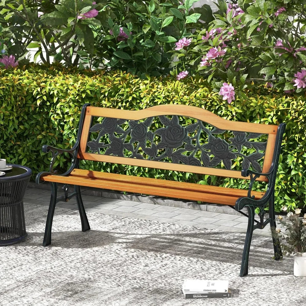 Outdoor Garden Bench Park Bench, Patio Furniture Bench Chair with Cast Iron & Hardwood Structure, Weather Proof Porch