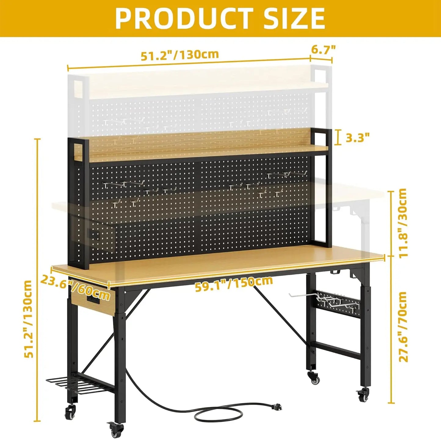 60" Adjustable Workbench with Pegboard Heavy Duty Wood Top Work Bench with Wheels 1600 LBS Load Capacity Rolling Work Table