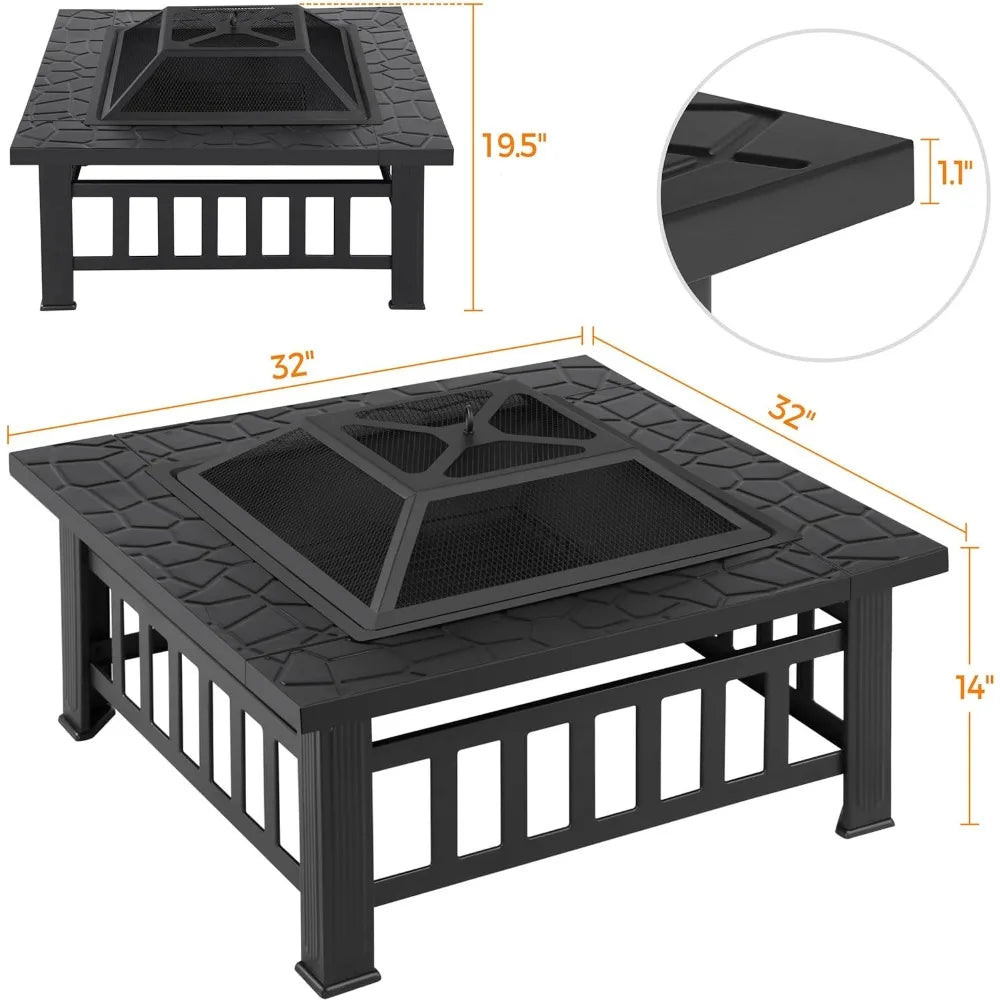 Fire Pit Table 32in Square Metal Firepit Stove Backyard Patio Garden Fireplace for Camping, Outdoor Heating, Bonfire and Picnic