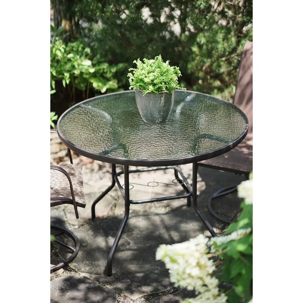 Metal Round Patio Glass Top Table, 40" Garden table,Home(Brown)