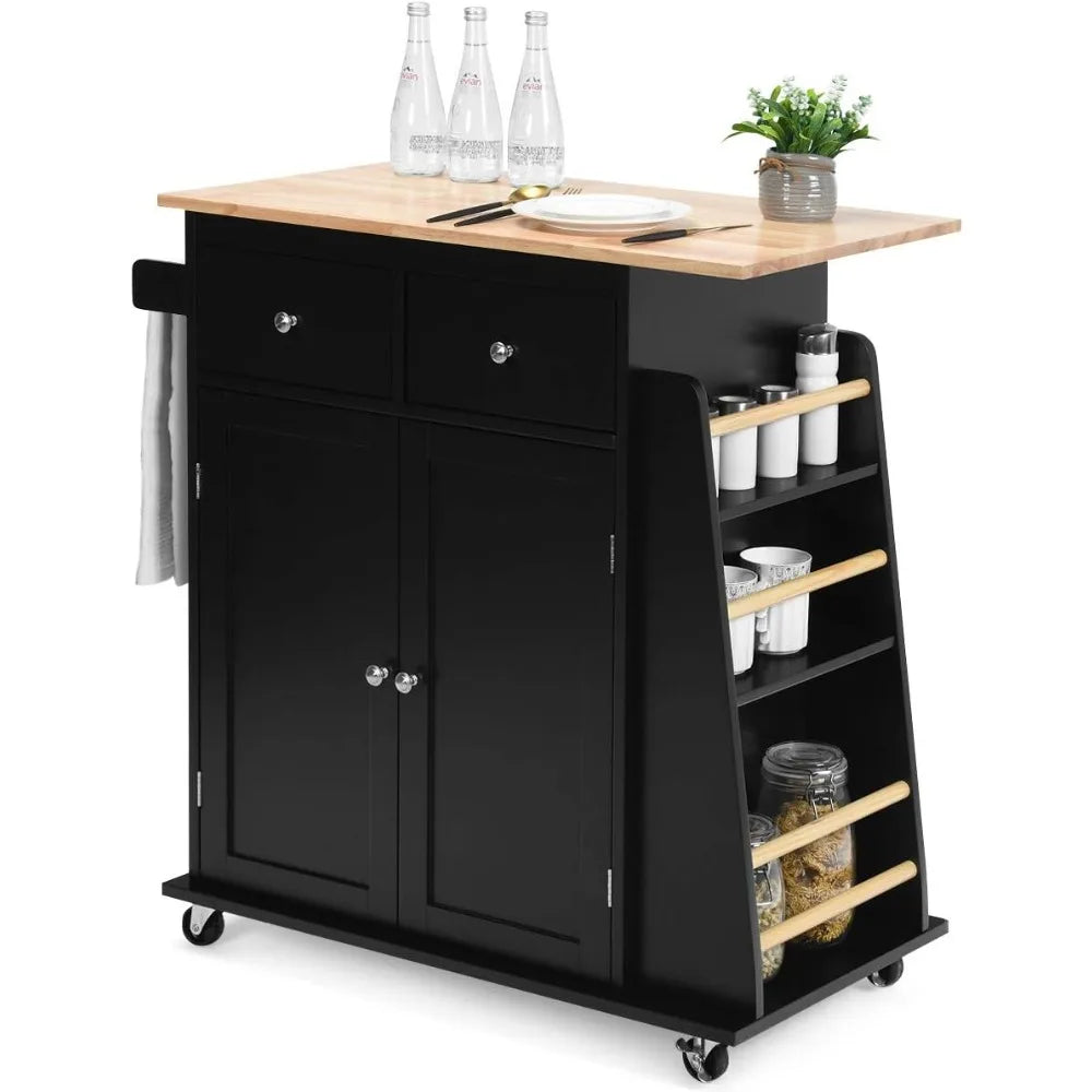 Kitchen Island Cart, Rolling Wood Trolley 2 Drawers, Side Spice Rack and Wine Bottle Rack, Kitchen Cart on Wheels (Black)