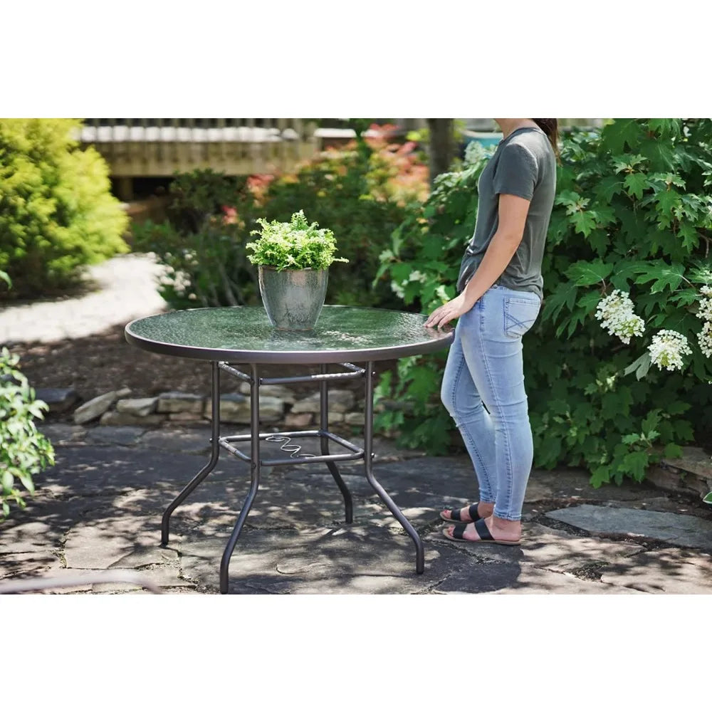 Metal Round Patio Glass Top Table, 40" Garden table,Home(Brown)