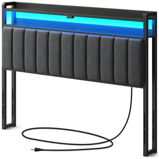 Headboard for Full/Twin/Queen Bed with Storage, 60,000 DIY Color of LED Light, with USB, Height Adjustable, Black Upholstered