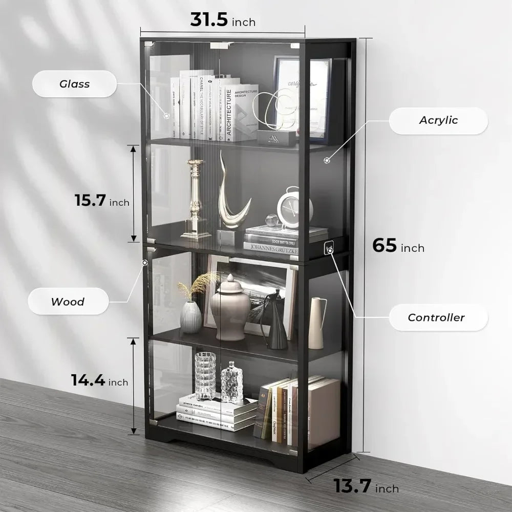 Display Cabinet with Glass Doors, Storage Cabinet with 3 Color Light, 4-Tier Curio Cabinet&Bookcase for Collectibles, Toys