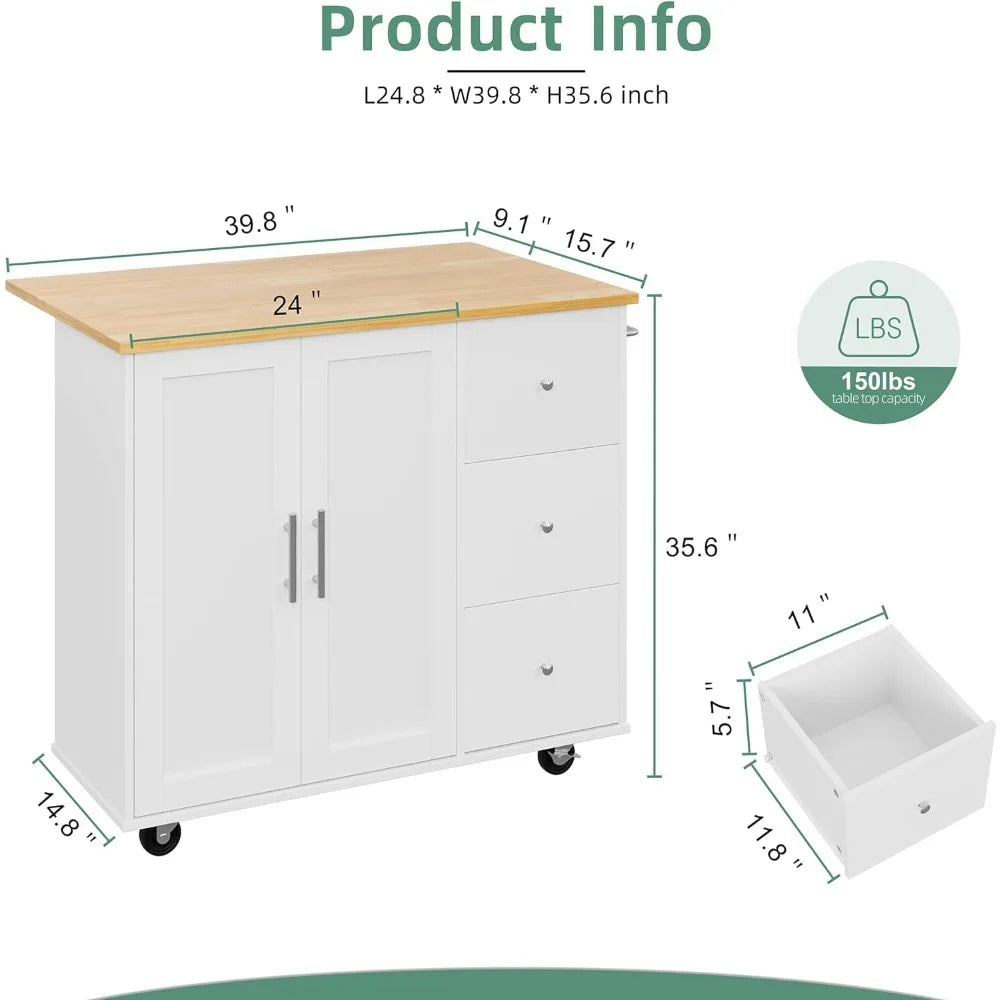 Kitchen Cart with Folding Drop Leaf Breakfast Bar, Portable Trolley Island with Large Storage Cabinet, Kitchen Cart