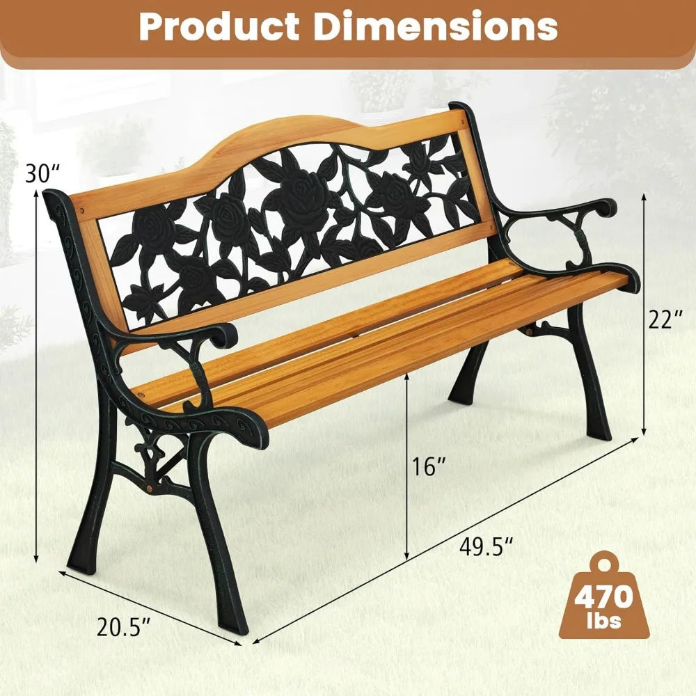 Outdoor Garden Bench Park Bench, Patio Furniture Bench Chair with Cast Iron & Hardwood Structure, Weather Proof Porch