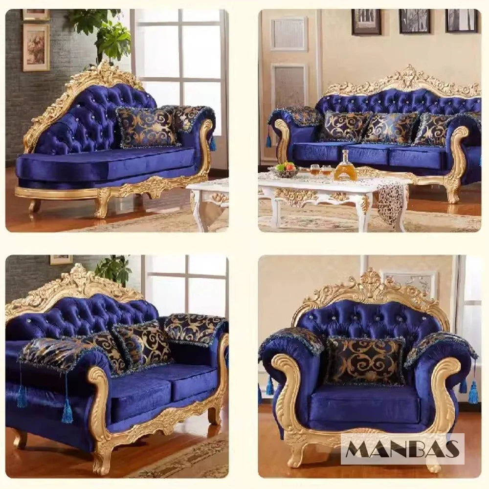 MINGDIBAO European Fabric Sofa With Gold Carving Solid Wood Frame, Luxurious Large Unit Living Room Cloth Couch Villa Furniture