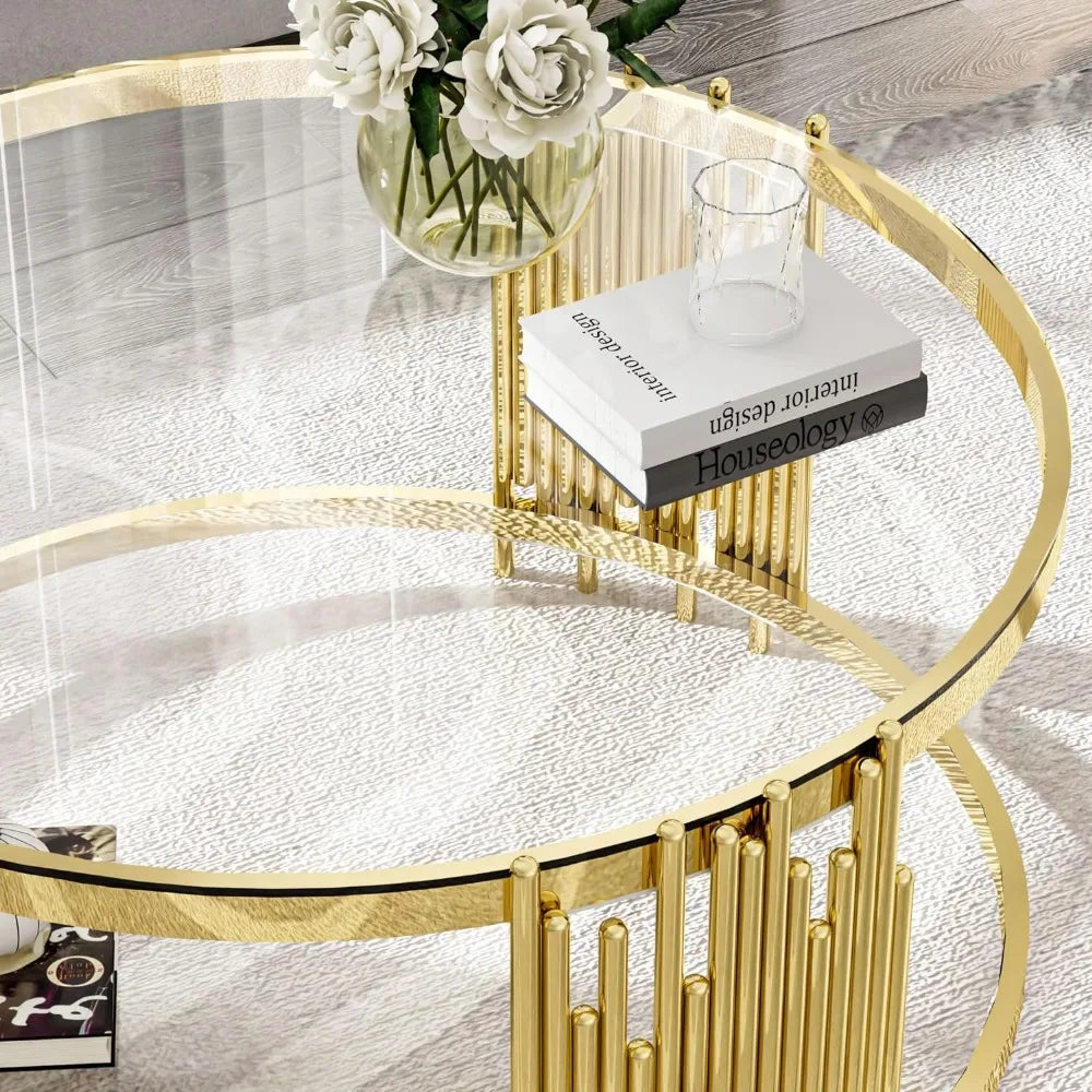 Coffee Table Round  Modern , Gold Stainless Steel Metal Leg Clear Tempered Glass,