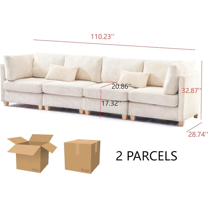 L Shaped Convertible Modular Sectional Sofa with Movable Ottoman, Free Combination Corduroy Upholstered Corner Couch