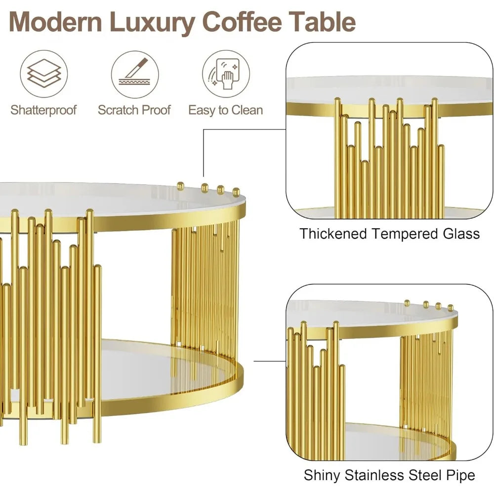 Coffee Table Round  Modern , Gold Stainless Steel Metal Leg Clear Tempered Glass,