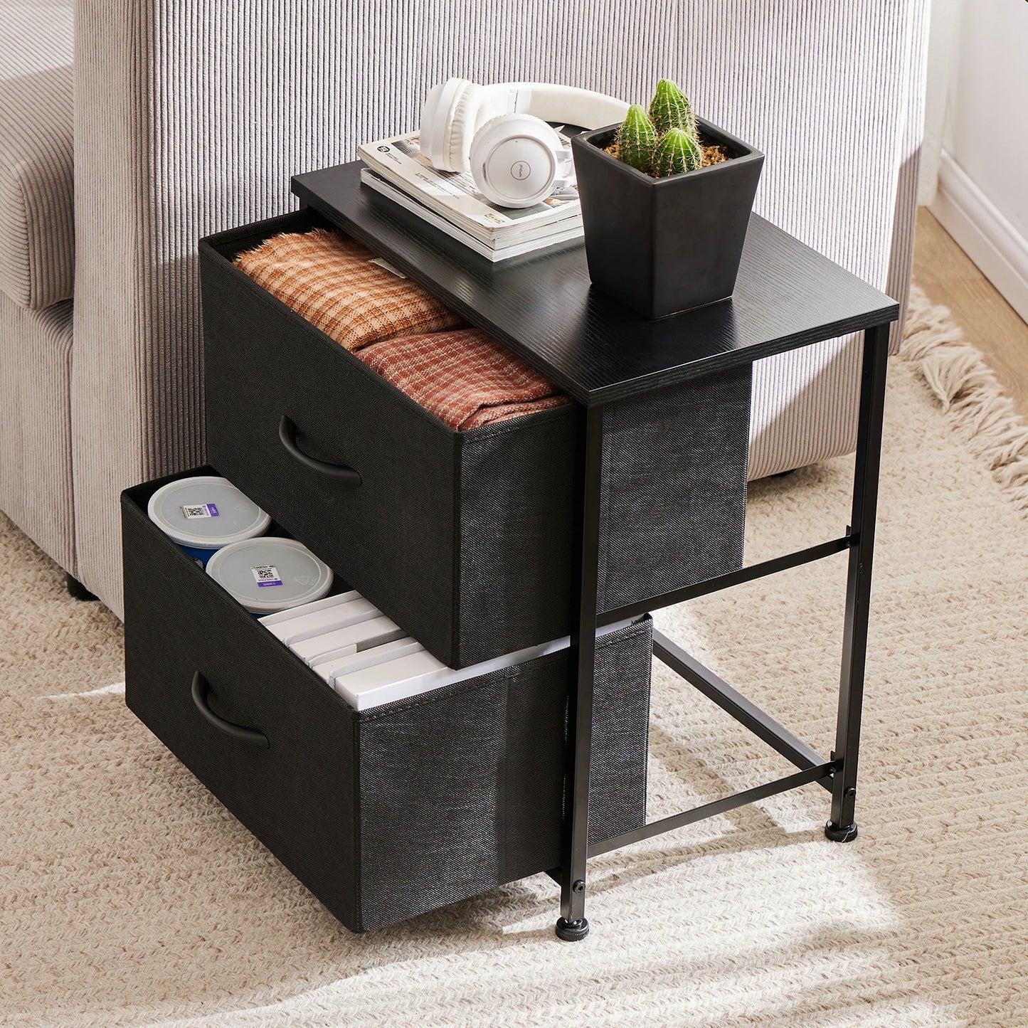 Nightstand For Bedroom With 2 Fabric Drawers