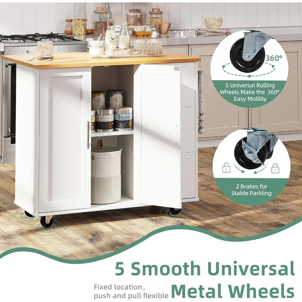 Kitchen Cart with Folding Drop Leaf Breakfast Bar, Portable Trolley Island with Large Storage Cabinet, Kitchen Cart