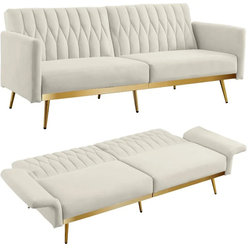 Velvet Convertible Futon Sofa Bed with Golden Metal Legs, 70" Tufted Loveseat Couch Sleeper Futon Sofa with Adjustable Armrests