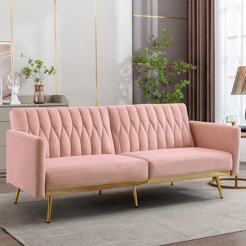 Velvet Convertible Futon Sofa Bed with Golden Metal Legs, 70" Tufted Loveseat Couch Sleeper Futon Sofa with Adjustable Armrests