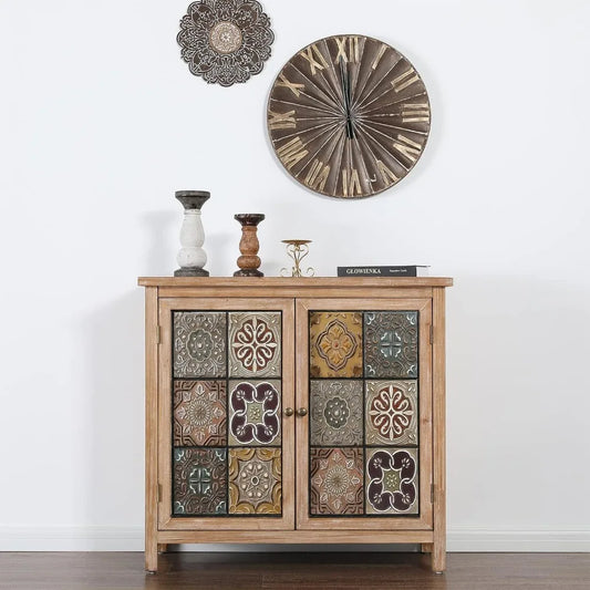 Accent Cabinet with 2 Doors, Distressed Storage Cabinet with Wood Frame and Checkered Patterns for Entryway Living Room