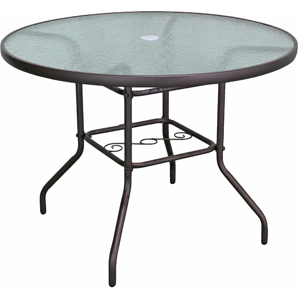 Metal Round Patio Glass Top Table, 40" Garden table,Home(Brown)