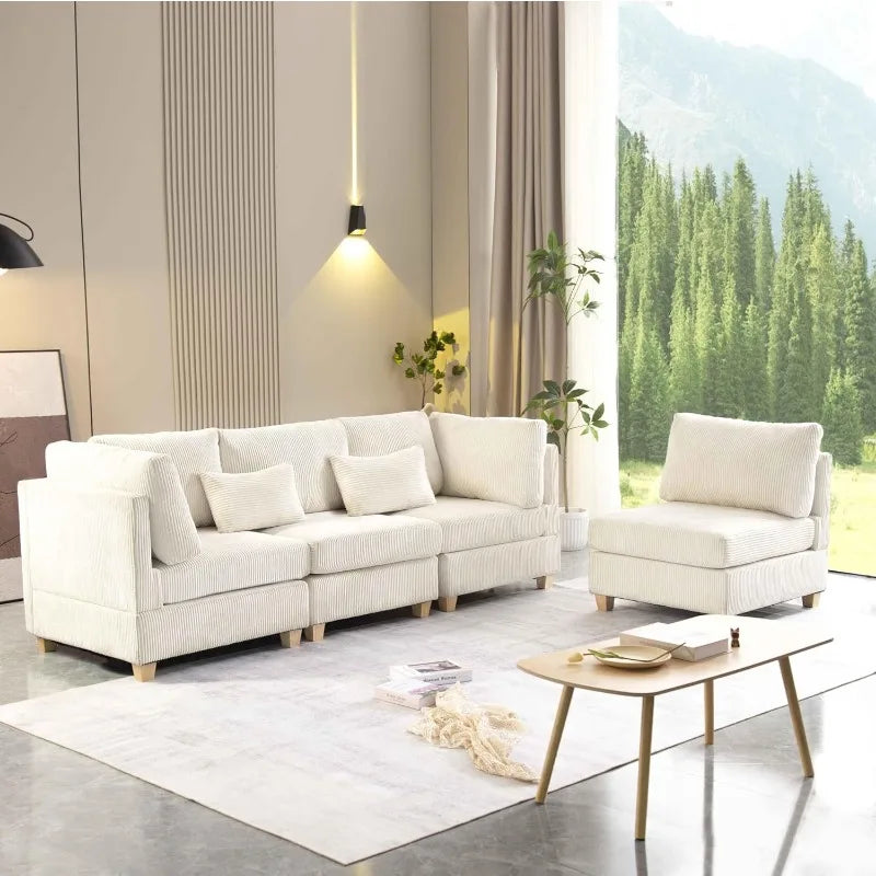 L Shaped Convertible Modular Sectional Sofa with Movable Ottoman, Free Combination Corduroy Upholstered Corner Couch