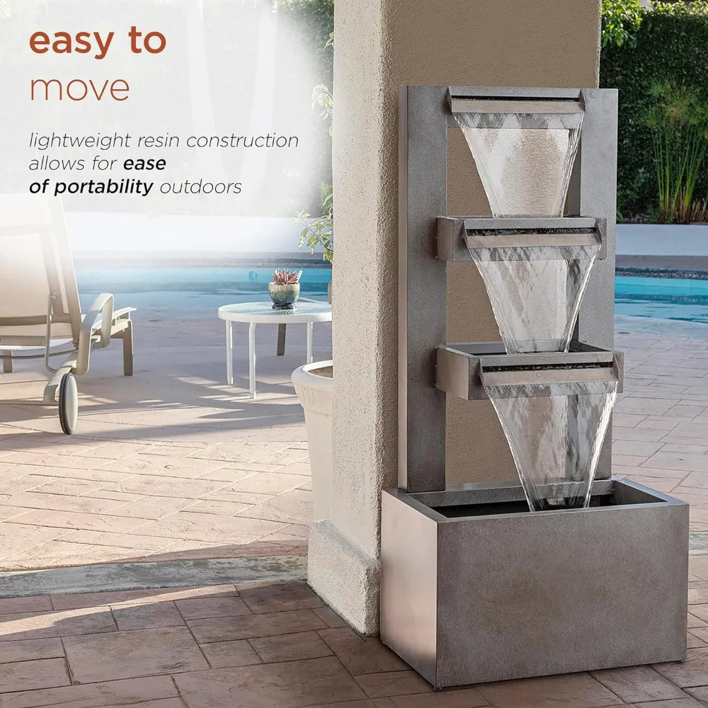 Multi-Tiered Soothing Waterfall Fountain Outdoor Floor Industrial,43",Gray,Fountains