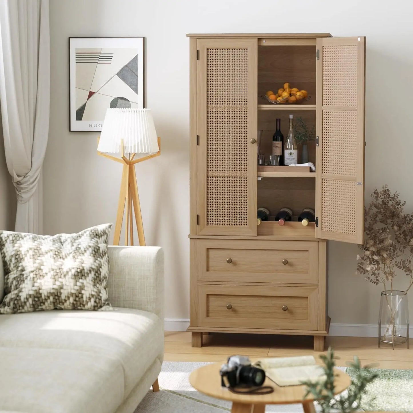 Kitchen Storage Cabinet with Rattan Doors and 2 Drawers, Cupboard w/ Adjustable Shelves, Utility Pantry for Kitchen, Dining Room