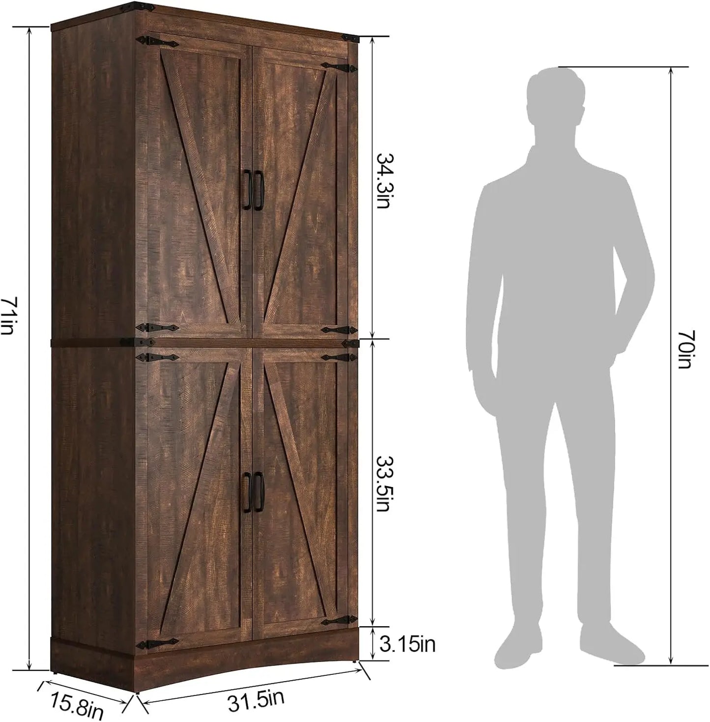 71" Tall Kitchen Pantry,Farmhouse Storage Cabinet with Adjustable Shelves,Load-Bearing Steel Pipe,Cabinet with 4 Barn Doors